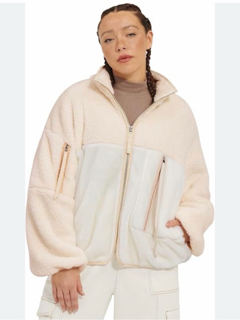 UGG Marlene Plush Fleece Faux Fur Blocked Jacket Women’s XS Oversized Zip‑Up